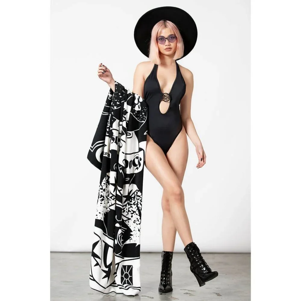 Killstar ✦ Meow-Gical XL Beach Towel ✦ Black White Microfiber Cat Moon Phases